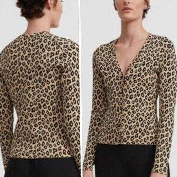 Theory Leopard Animal Print Glossed V-Neck Button Down Cardigan Tan/Black Size L - Picture 4 of 13